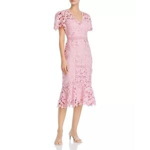 Shoshanna Calandra Pink Floral Lace Short Sleeve V-Neck Midi Dress Size 2